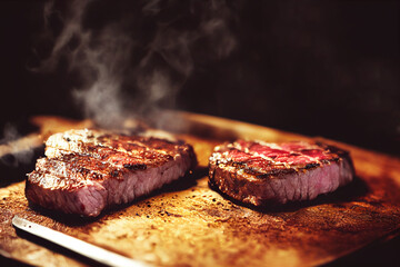 Delicious Cook Meat Steak and Black Copy space Background For Menu Restaurant or Recipe Text and Advisement.