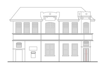 line drawing illustration of a heritage mansion building viewed from front elevation on white background