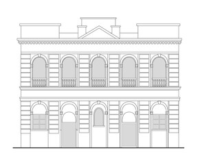line drawing illustration of a heritage mansion building viewed from front elevation on white background