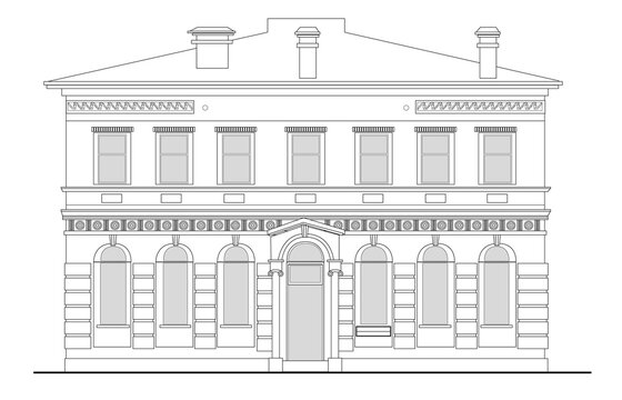 Line Drawing Illustration Of A Heritage Mansion Building Viewed From Front Elevation On White Background