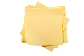 Untidy stack pile of several yellow sticky post it note square photo transparent background...