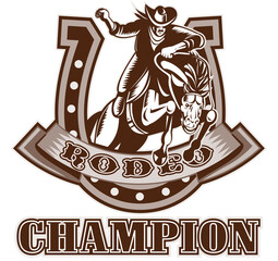 retro woodcut style illustration of an American  Rodeo Cowboy riding  a bucking bronco horse jumping with horseshoe in background and scroll with words "rodeo"