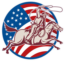 illustration of a cowboy riding horse with lasso and american flag