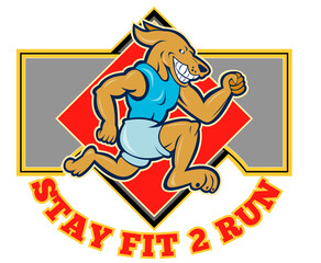 cartoon illustration of a Dog running jogging with shield in background with wording "stay fit to run"