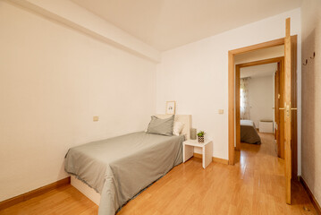 Bedroom with youthful bed with gray bedspread with matching cushions and oak wood flooring