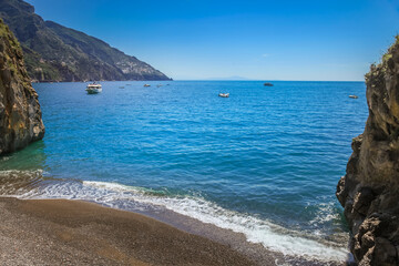 Positano beach at sunny day, Amalfi coast of Italy, Southern Europe