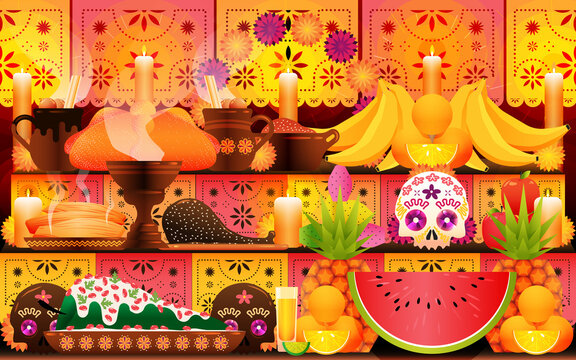 Ilustraci&oacute;n de ofrenda para d&iacute;a de muertos con comida y fruta t&iacute;pica mexicana.	