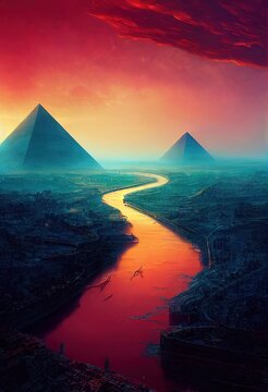 A view of an ancient beautiful city and a pyramid. The concept of amazing antiquity. 3D rendering
