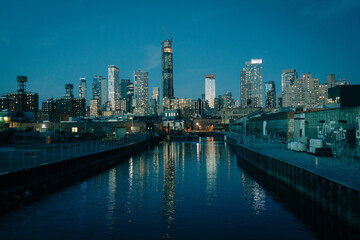 Gowanus Canal cityscape view at night, Brooklyn, New York