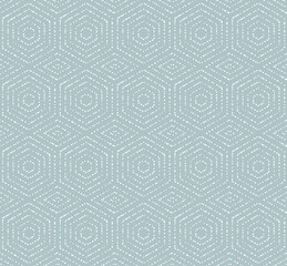 Geometric repeating light blue and white vector ornament with hexagonal dotted elements. Geometric modern ornament. Seamless abstract modern pattern