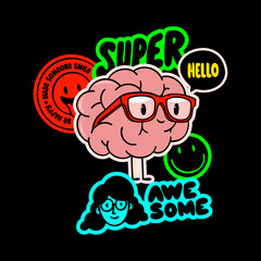Cartoon character, doodle of the brain with glasses. Hand drawn illustration.