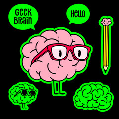 Cartoon character, doodle of the brain with glasses. Hand drawn illustration.