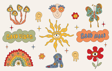 Vector set of hippie design elements.Positive retro stickers.Flower,mushrooms,sun,butterfly,rainbow.