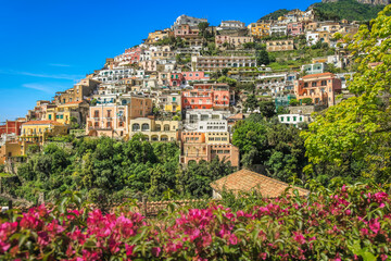 Obraz premium Positano cityscape bay at sunset, Amalfi coast of Italy, Southern Europe