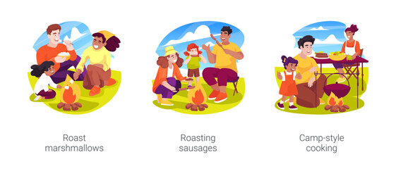 Campsite cooking isolated cartoon vector illustration set