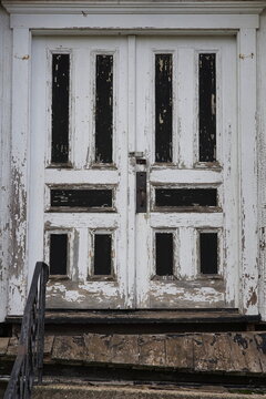 The weathered door of an abandoned church in Breadalbane, Prince Edward Island, Canada