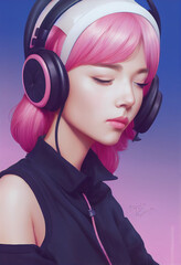 Cute girl with ear headphones. Beautiful streamer illustration. Gamer girl. Youtuber. Listening music girl. Call center