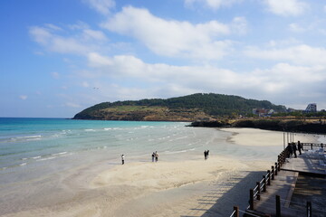 shoaling beach and seaside cafe