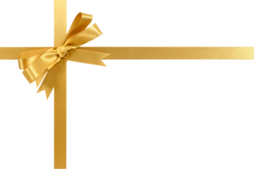 Gold gift ribbon and bow cross shape isolated transparent background photo PNG file