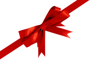 Red diagonal gift ribbon and bow photo isolated transparent background PNG file