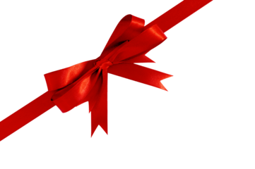 Red diagonal gift ribbon and bow photo isolated transparent background PNG file