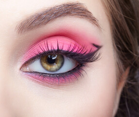 Obraz premium Closeup macro shot of human female eye with pink eyes shadows