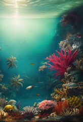 Fototapeta na wymiar The ecosystem of the underwater marine world. Colorful tropical beautiful ocean fish. 3D rendering