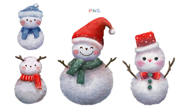 Group of snowman watercolor illustration isolated, happy face snowman in Christmas holiday for sticker and card printing. Cute snowman with colorful scarf and hat. Set of Christmas element decoration.