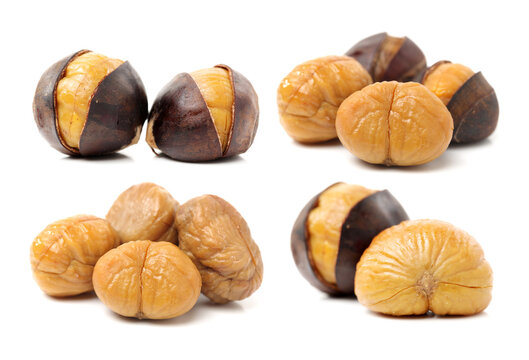 chinese food, peeled roasted chestnut on white background