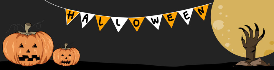 Halloween night website banner, full moon behind graveyard with some little cute white ghost flying around and hand pop ups from underground.  