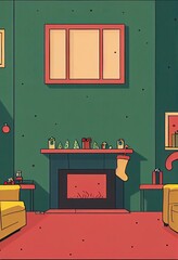 computer-generated image of a 2D anime/manga-style Christmas living room. Stockings and holiday decorations for the winter holiday season in 2D animation style.