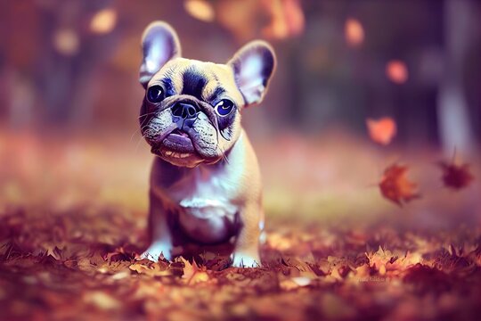 An adorable French Bulldog puppy 3D computer generated image made to look like modern animation style. Frolicking in autumn leaves, happy, cute, and fluffy.