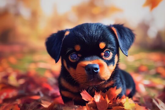 An adorable Rottweiler puppy 3D computer generated image made to look like modern animation style. Frolicking in autumn leaves, happy, cute, and fluffy.