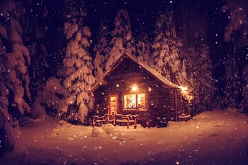 3D rendered winter snow scene cold and serene new for winter 2023. Log cabin in the woods with snowy rooftop, deep snow outside, serene natural landscape shot - obrazy, fototapety, plakaty