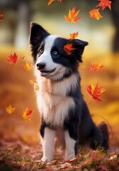 An adorable border collie puppy 3D computer generated image made to look like modern animation style. Frolicking in autumn leaves, happy, cute, and fluffy.