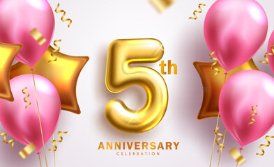 Anniversary 5th balloon vector background design. Five years anniversary celebration with inflatable balloons in pink and gold color in white background. Vector Illustration.