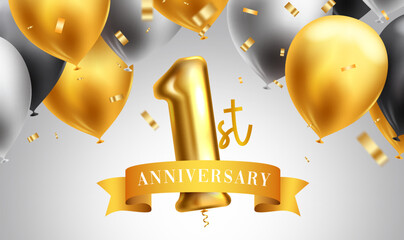 Anniversary 1st vector background design. 1st year party and event celebration with floating gold, black and white balloons for greeting card decoration elements. Vector Illustration. - obrazy, fototapety, plakaty