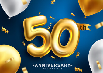 Anniversary 50th vector background design. 50 years celebration party event with gold balloons elements decoration. Vector Illustration.