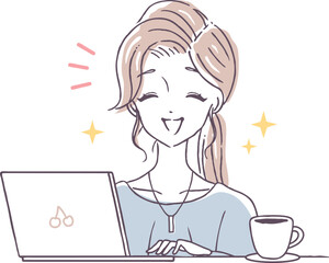 仕事　笑顔で働く女の人　ノートPC　楽しそうに在宅ワークをする女性　フリーランス　イラスト素材