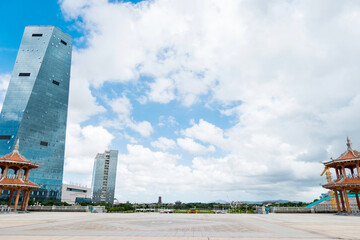 Empty square and city buildings
