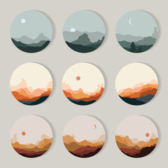 Mountains hills day and night sky views round icons Flat  design