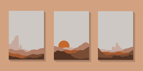 Abstract Landscape poster collection Sun and moon trees mountain bundles and mountains at dusk