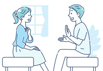 会話する若い男女　ブルー基調　シンプル　横顔