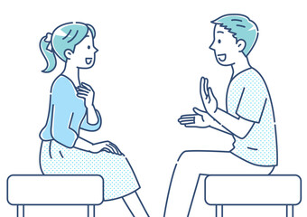 会話する若い男女　ブルー基調　シンプル　横顔