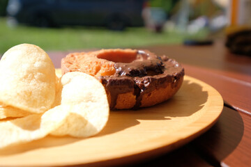 キャンプで食べるチョコオールドファッションドーナツとポテトチップス
