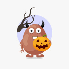 Cute brown monster with pumpkin halloween illustration