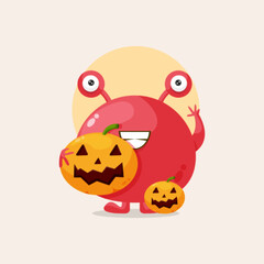 Cute red monster with halloween pumpkin illustration
