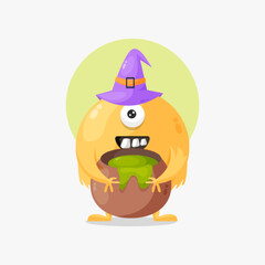 Cute yellow monster with magic potion cartoon illustration