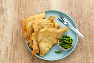 Tempe Gembus, traditional Indonesian snack, made from gembus (fermented tofu dregs), flour and leek.
