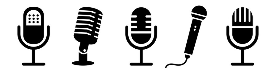 Microphone vector icon set. Variant microphone icon. Karaoke mic. Podcast microphone. Voice vector icon. Recording Studio Symbol. Retro microphone icon. vector illustration